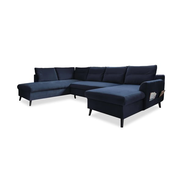 Tamsiai mėlyna velvetinė U formos sofa-lova Miuform Stylish Stan, kairysis kampas