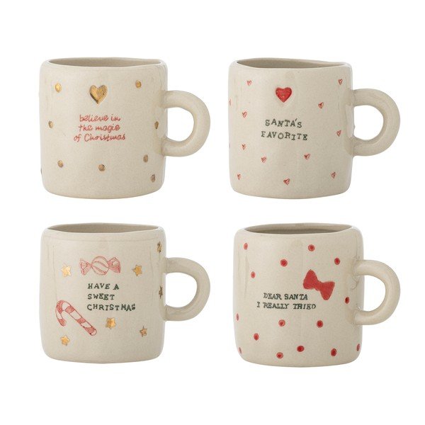 Kreminės spalvos iš molio puodeliai 4 vnt. su Kalėdų motyvu 260 ml Christy – Bloomingville