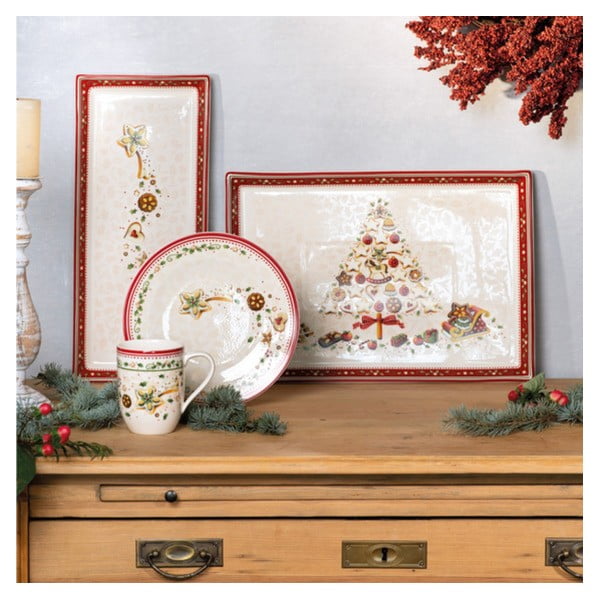 Raudonos ir smėlio spalvos porcelianinė lėkštė su kalėdiniu motyvu Villeroy & Boch, 39,7 x 17,3 cm