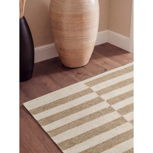Apverčiamas/rankų darbo baltos spalvos/šviesiai rudos spalvos iš vilnos kilimas 80x200 cm Vika – Hanse Home-image-2