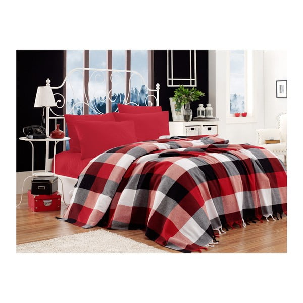 Medvilninės lovos užvalkalo, paklodės ir 2 pagalvių užvalkalų rinkinys Iskoc Raudona, juoda, balta, 200 x 240 cm