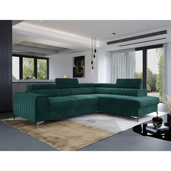 Žalios spalvos iš velveto sulankstoma/su sandėliavimo vieta kampinė sofa (su dešiniuoju kampu/„L“ formos) Laurence – ELTAP-image-1