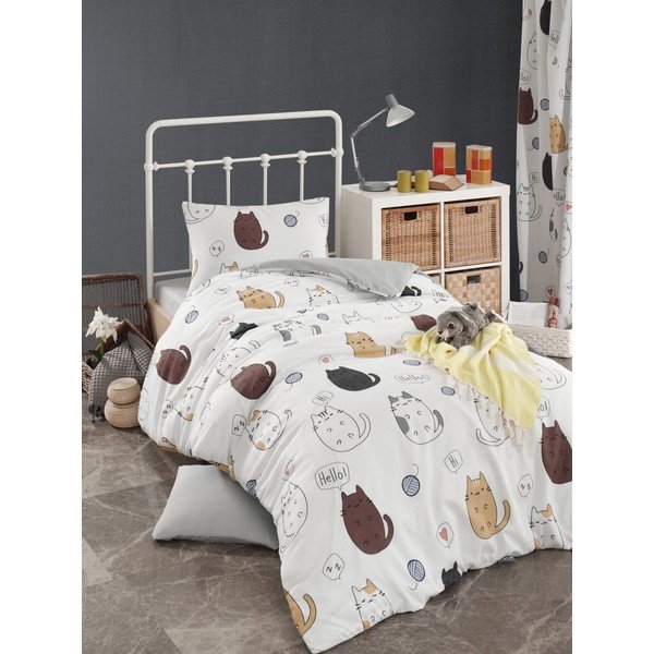 Viengulės lovos patalynė su paklode "Eponj Home Hello Cats White", 160 x 220 cm