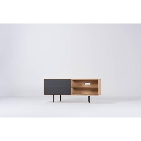 Iš ąžuolo masyvo TV spintelė juodos spalvos/natūralios spalvos 150x64 cm Fina – Gazzda-image-4