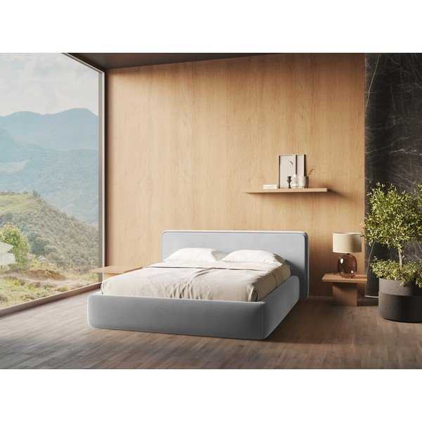 Pilkos spalvos dvigulė lova audiniu dengta su sandėliavimo vieta su lovos grotelėmis 140x200 cm Kiana – Makamii-image-1