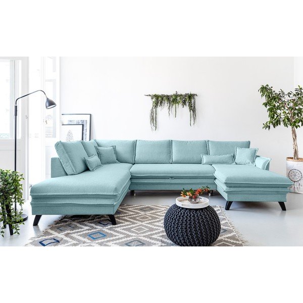 Šviesiai mėlyna U formos sofa-lova Miuform Charming Charlie, kairysis kampas-image-1