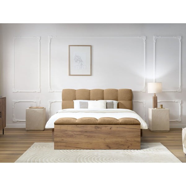 Dvigulė lova smėlio spalvos audiniu dengta su lovos grotelėmis 160x200 cm Kumo – Bobochic Paris-image-2