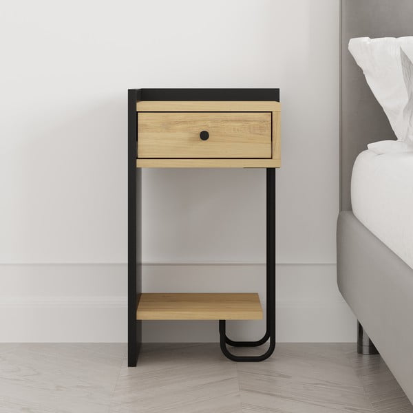 Naktinis staliukas juodos spalvos/natūralios spalvos iš ąžuolo su lentynomis Mercure – Marckeric-image-4