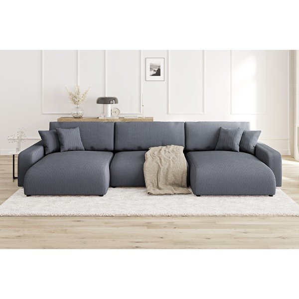 Tamsiai pilkos spalvos iš kordinio velveto sulankstoma/su sandėliavimo vieta kampinė sofa Sara – Ropez-image-1