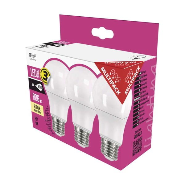 3 LED lempučių rinkinys EMOS Classic A60 Warm White, 8,5W E27-image-1