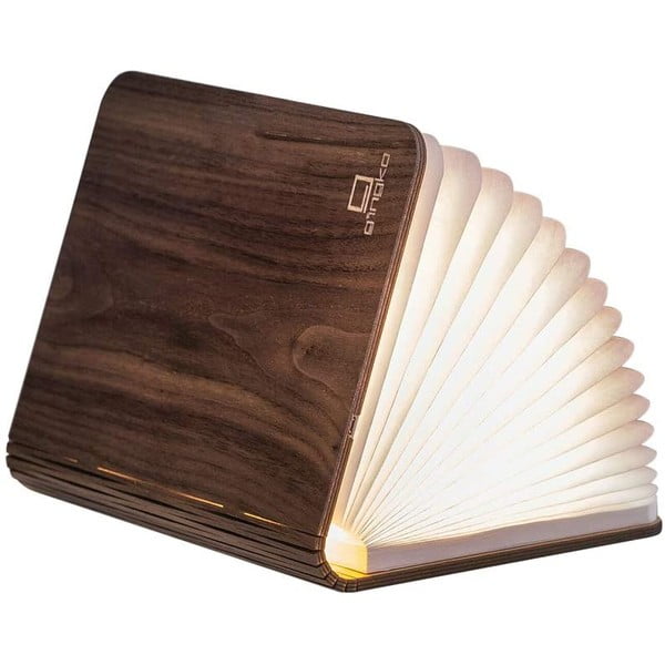 Tamsiai rudos spalvos didelė knygos formos LED stalinė lempa iš graikinio riešuto medienos Gingko Booklight