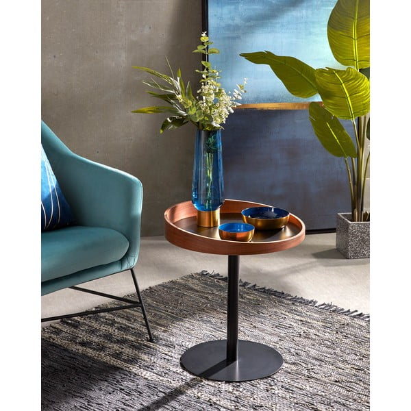 Apvalios formos šoninis stalas su riešutmedžio dekoro stalviršiu ø 46 cm Kaori – Kave Home-image-1