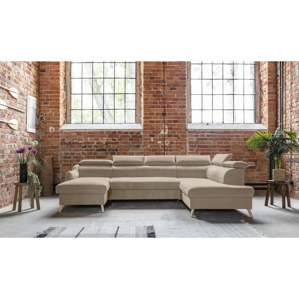 Sulankstoma kampinė sofa iš velveto smėlio spalvos (su dešiniuoju kampu/„U“ formos) Sweet Harmony – Miuform-image-1
