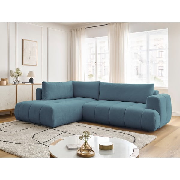 Mėlynos spalvos sulankstoma/su sandėliavimo vieta kampinė sofa (su kairiuoju kampu/„L“ formos) Fuji – Bobochic Paris-image-1