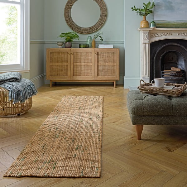 Apverčiamas/rankų darbo iš džiuto kilimas žalios spalvos/natūralios spalvos 60x230 cm Jute Boucle Green – Flair Rugs-image-1