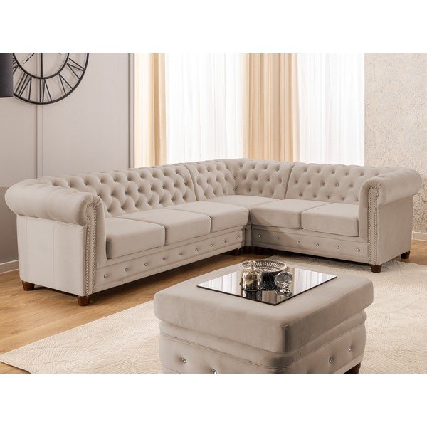 Smėlio spalvos sulankstoma kampinė sofa iš velveto (su dešiniuoju kampu/„L“ formos) York Blik – Ropez-image-1