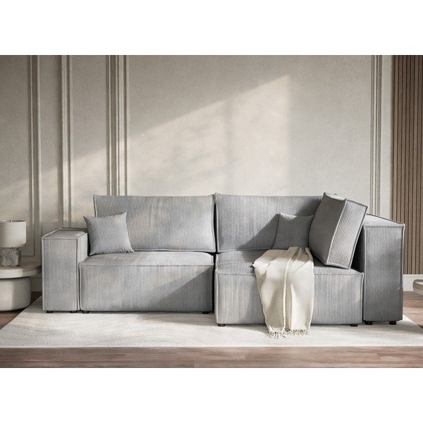 Pilkos spalvos sulankstoma/su sandėliavimo vieta kampinė sofa iš kordinio velveto (su dešiniuoju kampu/„L“ formos) Tonga – Maison de Rêve-image-1