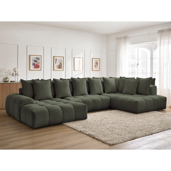 Žalios spalvos iš šenilinio audinio sulankstoma/su sandėliavimo vieta kampinė sofa (su dešiniuoju kampu/„U“ formos) Everest – Bobochic Paris-image-1