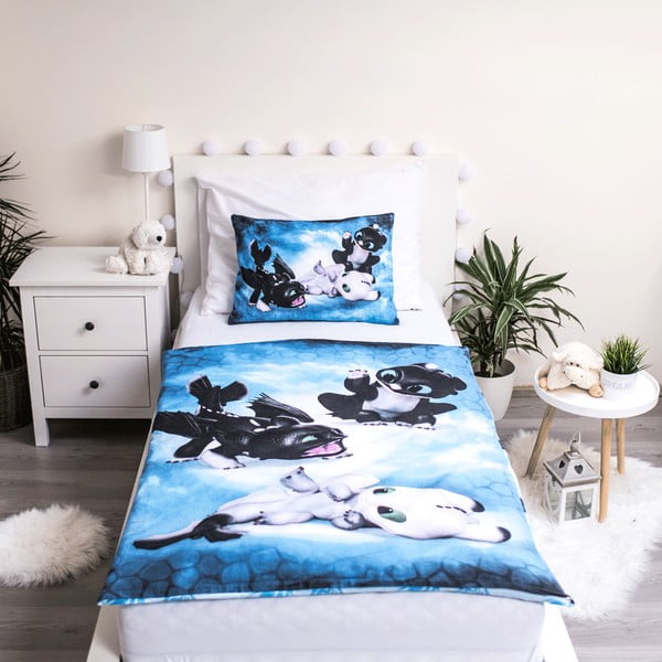 Mėlynos spalvos iš medvilnės vaikiška patalynė vaikiškai lovai 100x135 cm How to Train Your Dragon "Babies" – Jerry Fabrics-image-1