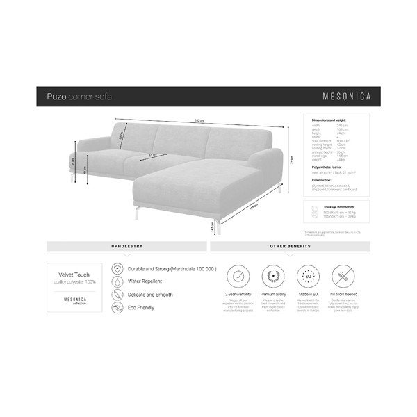 Mėlynos spalvos aksominė kampinė sofa MESONICA Puzo, dešinysis kampas-image-4