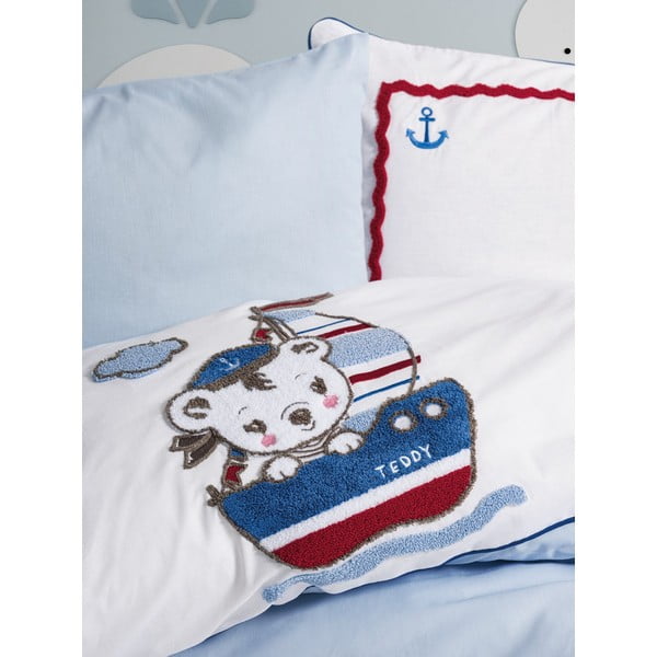 Baltos spalvos/mėlynos spalvos iš medvilnės vaikiška patalynė vaikiškai lovai su paklode/4 dalių 100x150 cm Miniyo – Mijolnir-image-2