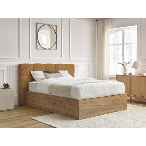 Ochros spalvos iš audinio dvigulė lova audiniu dengta/iš medžio drožlių plokštės su sandėliavimo vieta su lovos grotelėmis 160x200 cm Kumo – Bobochic Paris-image-3