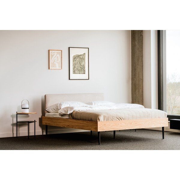 Natūralios spalvos dvigulė lova audiniu dengta/iš medžio drožlių plokštės iš ąžuolo su lovos grotelėmis 140x200 cm Streiko – noo.ma-image-1