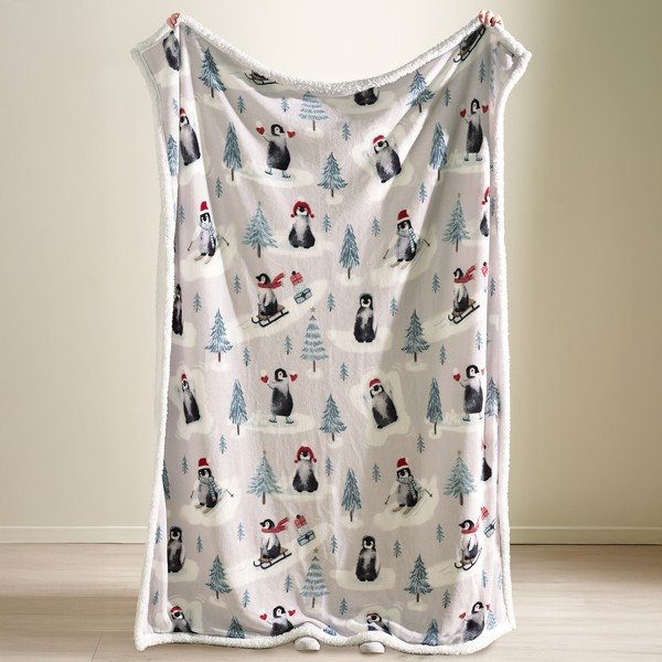 Baltos spalvos antklodė ir pledas su Kalėdų motyvu 170x130 cm Christmas Sherpa Penguins – Catherine Lansfield-image-1
