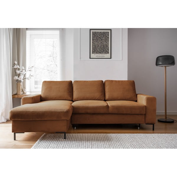 Iš kordinio velveto sulankstoma kampinė sofa oranžinės spalvos/rudos spalvos (su kairiuoju kampu) Lofty Lilly – Miuform-image-1