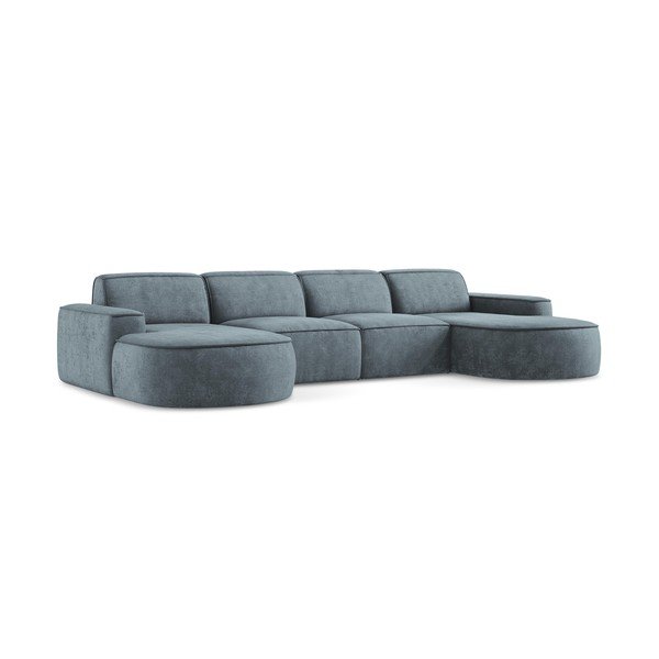 Pilkai mėlynos spalvos iš šenilinio audinio kampinė sofa („U“ formos) Omao – Makamii-image-3