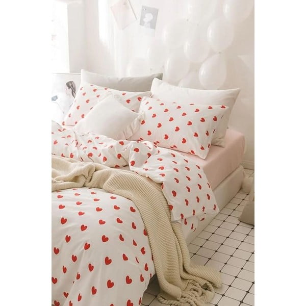 Iš ranforce medvilnės dvigulė/itin ilga patalynė kreminės spalvos su paklode/4 dalių 200x220 cm Mini Hearts – Mila Home-image-2