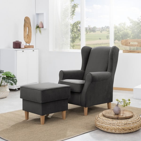 Antracito spalvos aksominis krėslas su pakoja Max Winzer Lorris-image-1