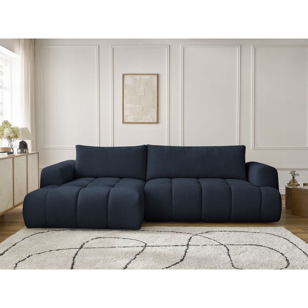 Tamsiai mėlynos spalvos sulankstoma/su sandėliavimo vieta kampinė sofa (su kairiuoju kampu/su gultu) Fuji – Bobochic Paris-image-1