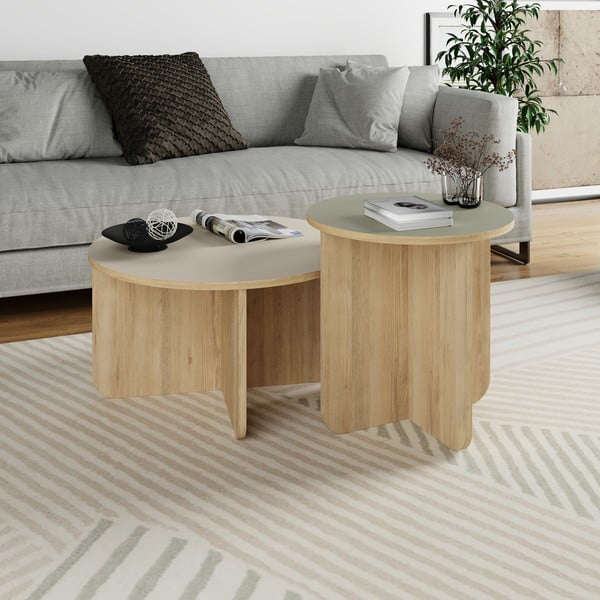 Apvalios formos kavos staliukai kreminės spalvos/natūralios spalvos 2 vnt. iš ąžuolo ø 70 cm Hillary – Marckeric-image-2