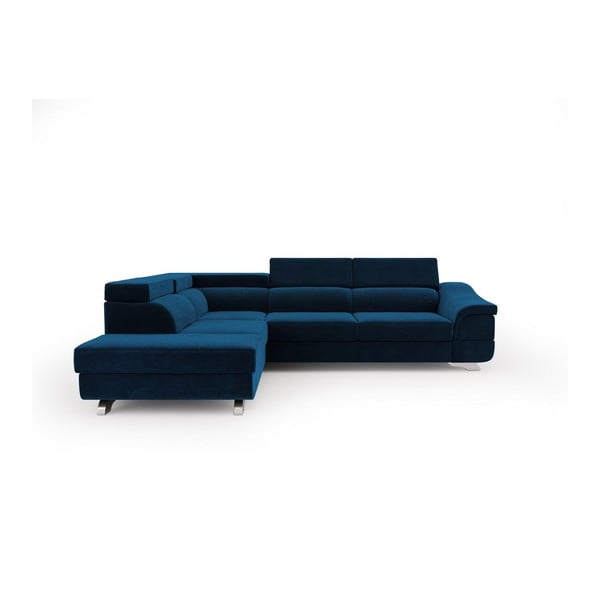 "Windsor & Co Sofos Apollon" karališkai mėlyna sofa-lova su aksomo apmušalais, kairysis kampas