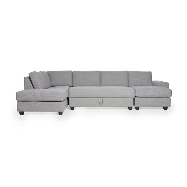 "Scandic Visby" pilka kampinė sofa su kairiuoju šezlongu ir daiktadėže