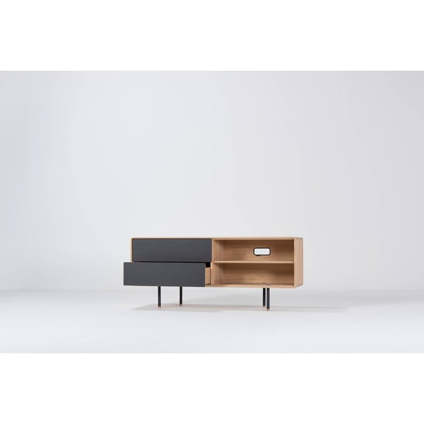 Iš ąžuolo masyvo TV spintelė juodos spalvos/natūralios spalvos 150x64 cm Fina – Gazzda-image-1