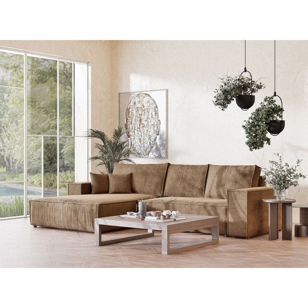 Šviesiai rudos spalvos sulankstoma/su sandėliavimo vieta kampinė sofa iš šenilinio audinio (su kairiuoju kampu/su gultu) Maze – Maison de Rêve-image-1