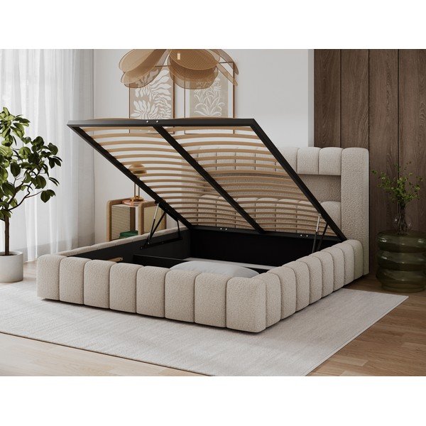 Smėlio spalvos dvigulė lova audiniu dengta su sandėliavimo vieta su lovos grotelėmis 140x200 cm Lamica – ELTAP-image-4