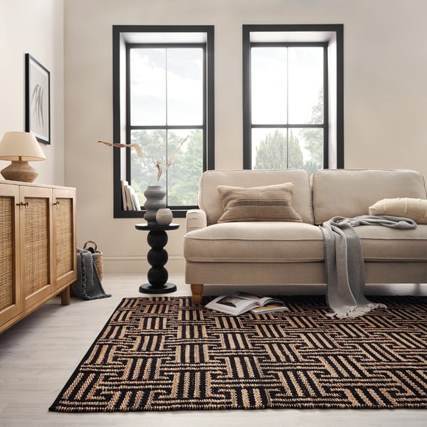 Rankų darbo juodos spalvos/natūralios spalvos iš džiuto mišinio kilimas 200x290 cm Meander Jute – Flair Rugs-image-2