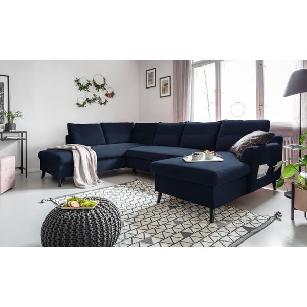 Tamsiai mėlyna velvetinė U formos sofa-lova Miuform Stylish Stan, kairysis kampas-image-3