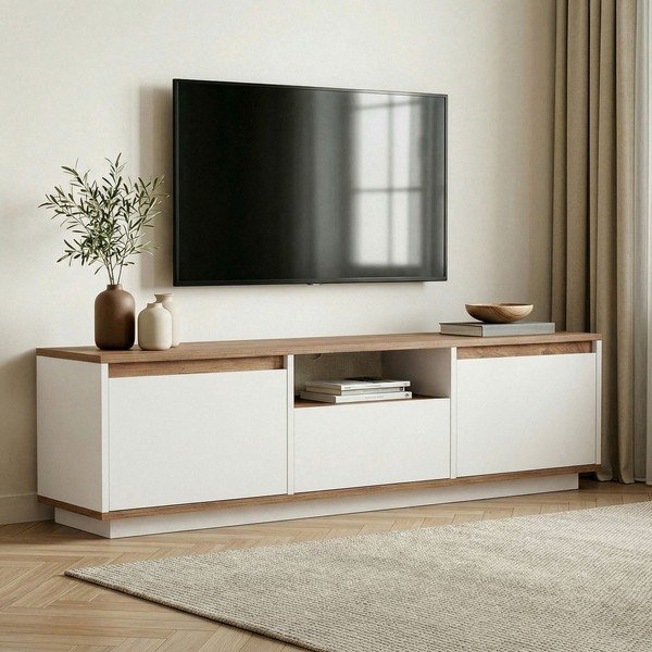 Baltos spalvos/natūralios spalvos TV spintelė iš pušies 160x42x30 cm Sentinel – Kalune Design-image-1