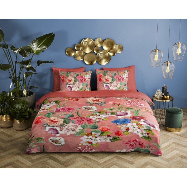 Oranžinė viengulė patalynė iš ekologiškos medvilnės Descanso Flowery, 140 x 220 cm-image-1