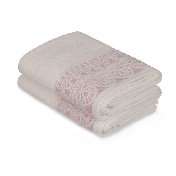 Dviejų baltų rankšluosčių su rožine detale rinkinys "Romantica", 90 x 50 cm