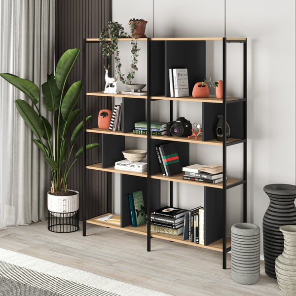 Knygų spinta  juodos spalvos/natūralios spalvos iš ąžuolo 144x175 cm Alabama – Marckeric-image-4