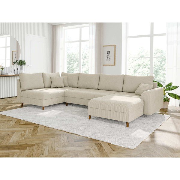 Iš kordinio velveto kampinė sofa kreminės spalvos (su dešiniuoju kampu/„U“ formos) Ariella – Ropez-image-3