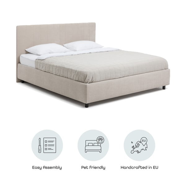 Smėlio spalvos dvigulė lova audiniu dengta su sandėliavimo vieta su grotelėmis 180x200 cm Myra Slim Line – Bonami Selection-image-4