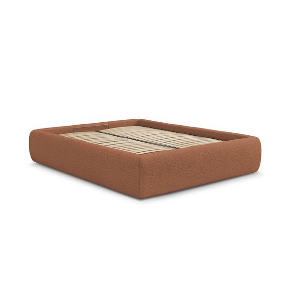 Oranžinės spalvos dvigulė lova audiniu dengta su sandėliavimo vieta/be galvūgalio su lovos grotelėmis 160x200 cm Inera – Bobochic Paris