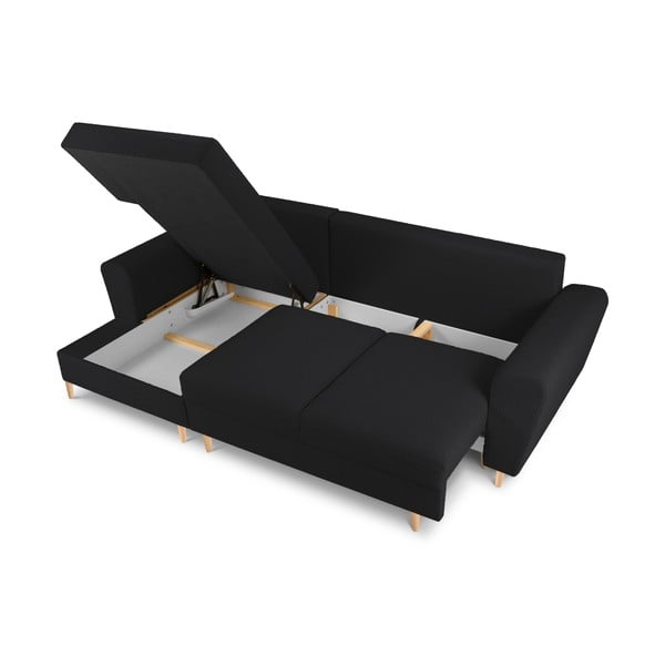 Juodos spalvos iš boucle sulankstoma/su sandėliavimo vieta kampinė sofa (su kairiuoju kampu/su gultu) Kyoto – Cosmopolitan Design-image-3
