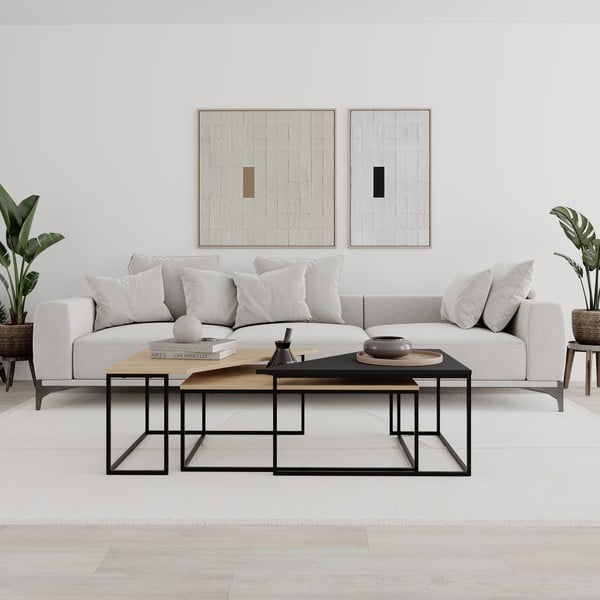 Kavos staliukai natūralios spalvos 3 vnt. su ąžuolo dekoro stalviršiu 70x110 cm Titan – Marckeric-image-1